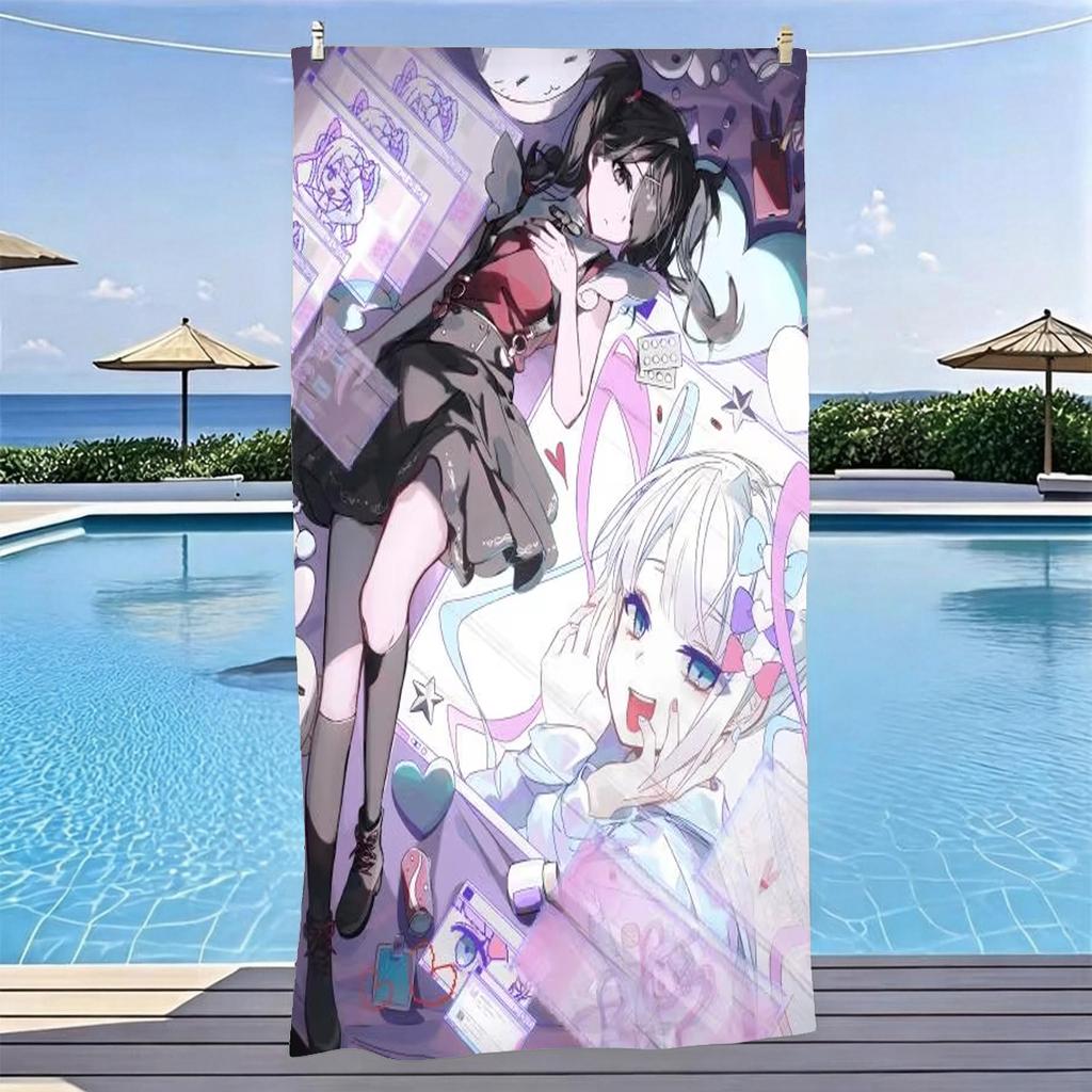 Cute Twin Anime Girls Y2K Kawaii Cartoon Beach Towel Microfiber Quick Dry Anime Bath Towel For Pool Beach Travel Otaku Fans Gift