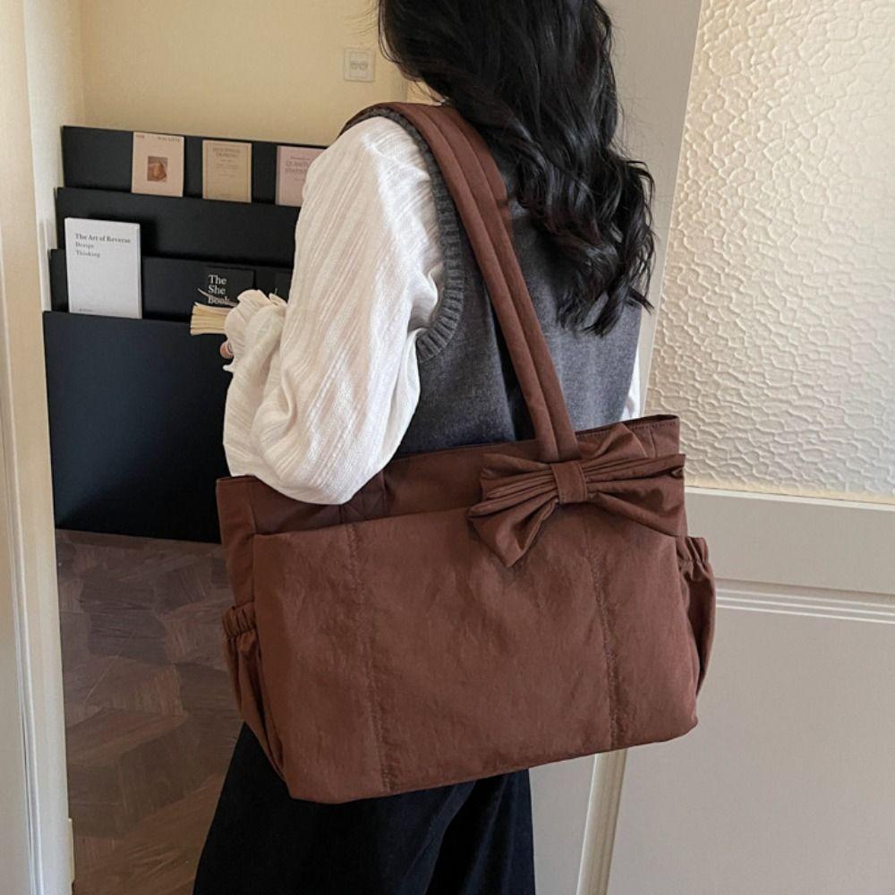 Korean Style Cotton Padded Shoulder Bag Solid Color Nylon Handbag Temperament Bow Tote Bag Daily