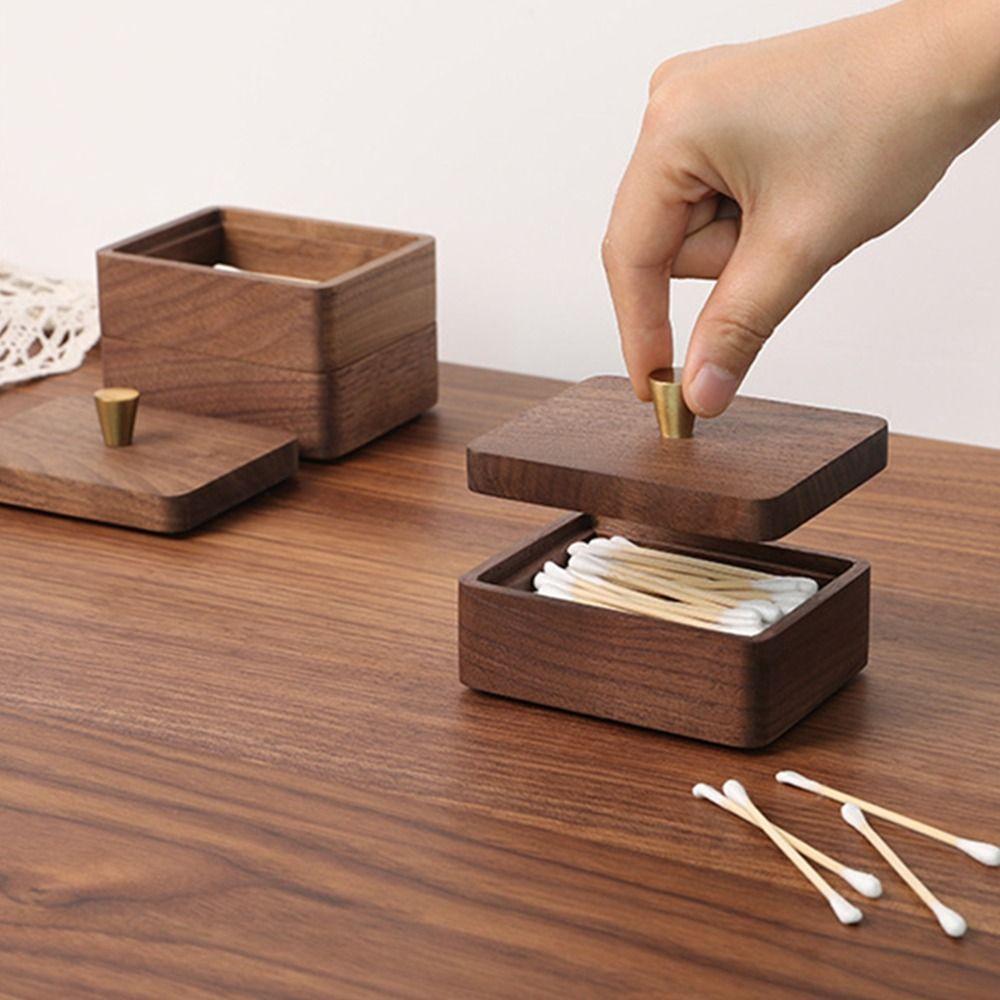 Walnut wood Desktop Toothpick Box with Cover Dental Floss Box Storage Box Cotton Swab Jar Home