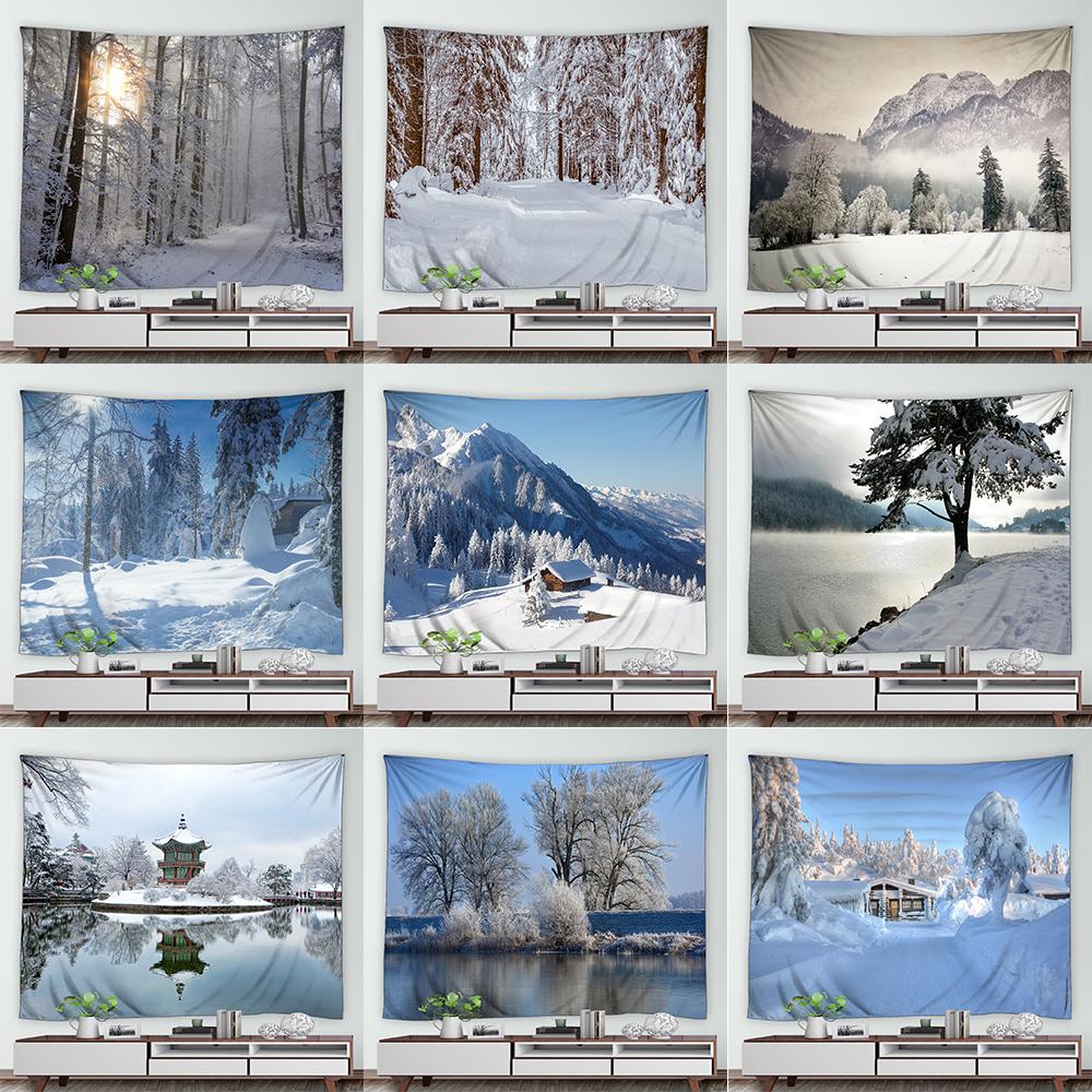 Зимний лес, снежный принт, гобелен с узором, домашняя спальня, гостиная, декор стен общежития, тканевый гобелен