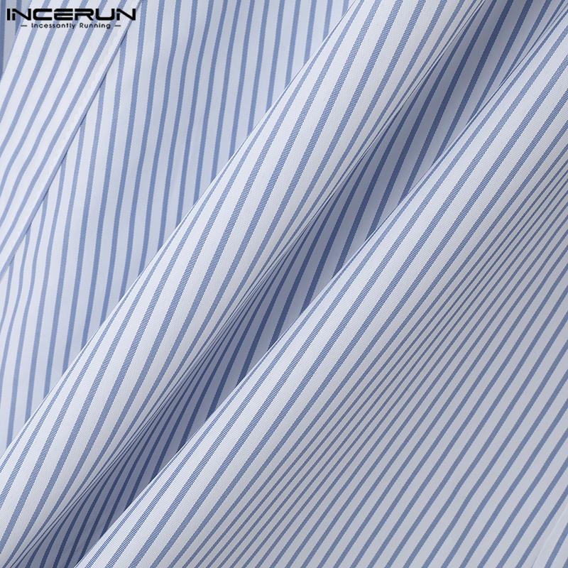 INCERUN Men Lapel Striped Front Cross Long Sleeve Shirts Loose Casual Tops