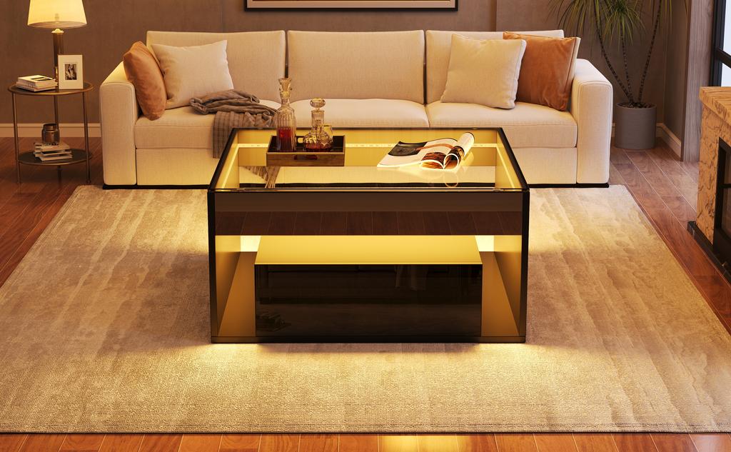 70 x 70 x 35 cm Coffee Table with 2 Drawers, High-Gloss, Openwork Design, Desk and Dining Table, Tempered Glass with LED, Black