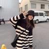 [] Black and White Striped Medium and Long Knitted Dress Autumn and Winter New Loose Lazy Sweater Skirt