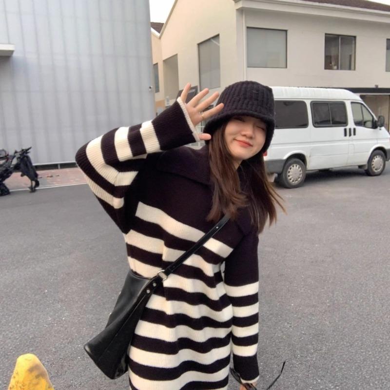 [] Black and White Striped Medium and Long Knitted Dress Autumn and Winter New Loose Lazy Sweater Skirt