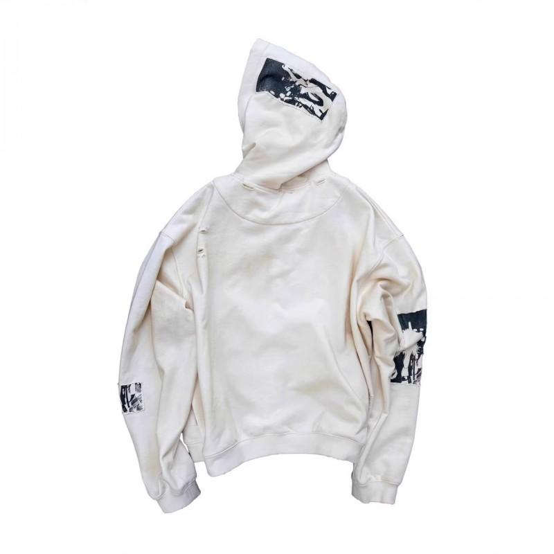 Vintage Distressed Patchwork Zip Hoodie Men Streetwear Loose Fit Long Sleeve Casual Top