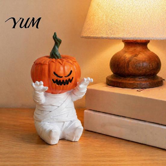 Cute Spooky Home Decor Pumpkin Head Mummy Statue, Funny Halloween Decorations, Sitting Ornaments Resin Figurine for Desktop Shelf Sitter Outdoor