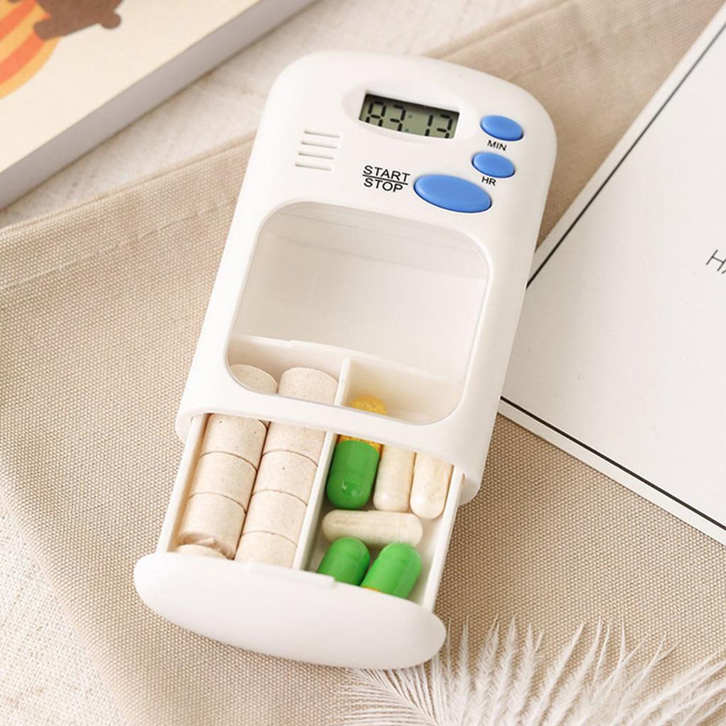 Portable Mini Pill Box Timer with LCD Digital Electric Alarm Medicine Pill Case 2 Grids White Color Two Drawers Divided