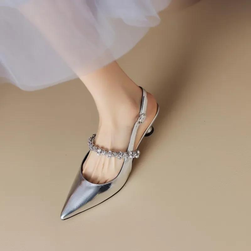 Women Sandals Ladies Sexy Buckle Rhinestone High Heels Female Casual Shoes Golden Silver Point Toe Trend Summer Pumps2024