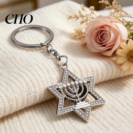 Portable Keychain Pendant Sparkling Rhinestones Hexagram Shape Zinc Alloy Key Casual Style Holder with Chain Buckle Design Backpack Accessory