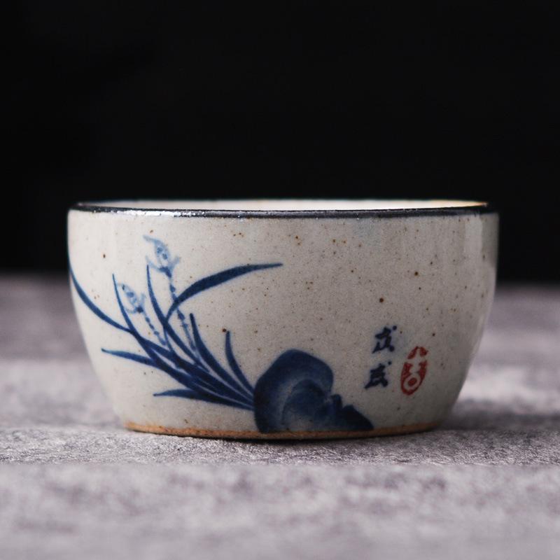 Hand-Painted Blue & White Coarse Pottery Teacup Set - Ceramic Gongfu Tea Cup, Small Cup for Pu'er Tea Ceremony