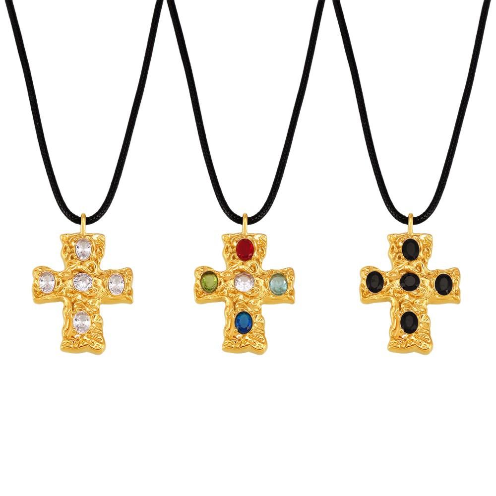 European American Cross-Border Women's Beaten-Texture Glass Cross Necklace Black Cord Stainless Steel 18K Gold-Plated PVD Party