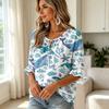 Women's Ocean Whale Starfish Shell Print V-Neck Tie Ruffle 3/4 Sleeve Blouse, Beach Vacation Top