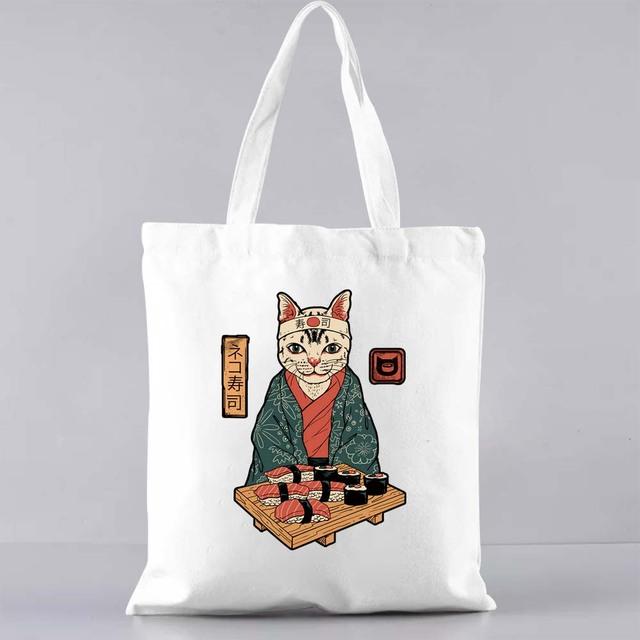 Fashion Shopping Bag Casual Canvas Shoulder Bag Commuter Reusable Japanese Cat Pattern Print Harajuku Bag