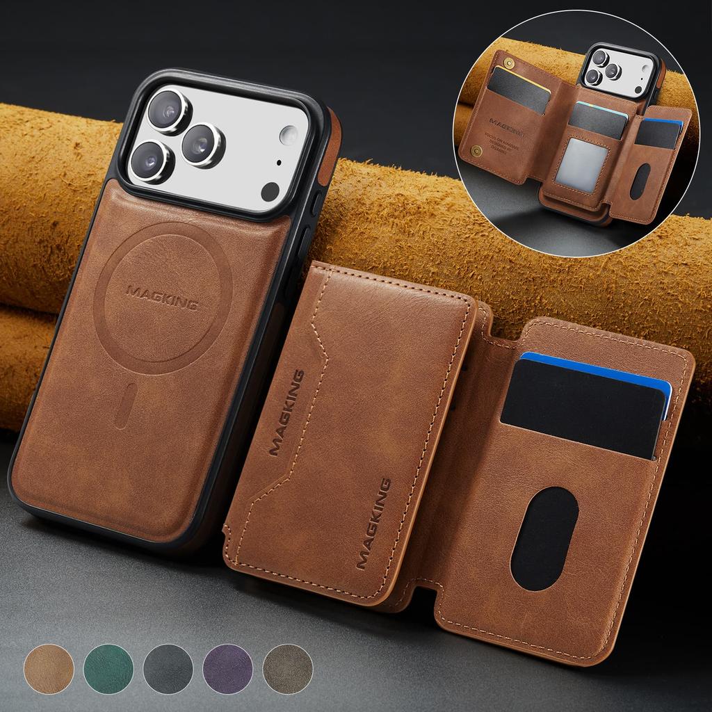 Magnetic Attraction Leather Case for iPhone 17 Pro Max 16E Air 16 15 Plus 14 Pro 13 12 Detachable Card Bag Holder Phone Cover