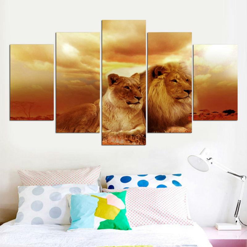 5 Panel Modular Wall Art Canvas Painting Animal Lions Sunset Landscape HD Printed Abstract Pictures Home Decor Poster