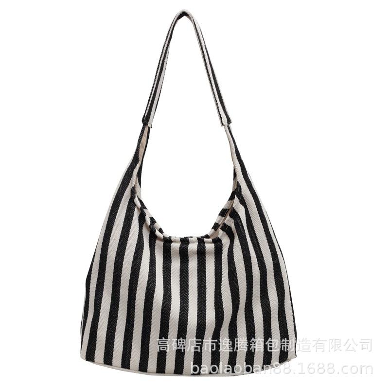 Canvas bag women's large capacity 2024 new autumn leisure shoulder shopping bag striped class tote bag