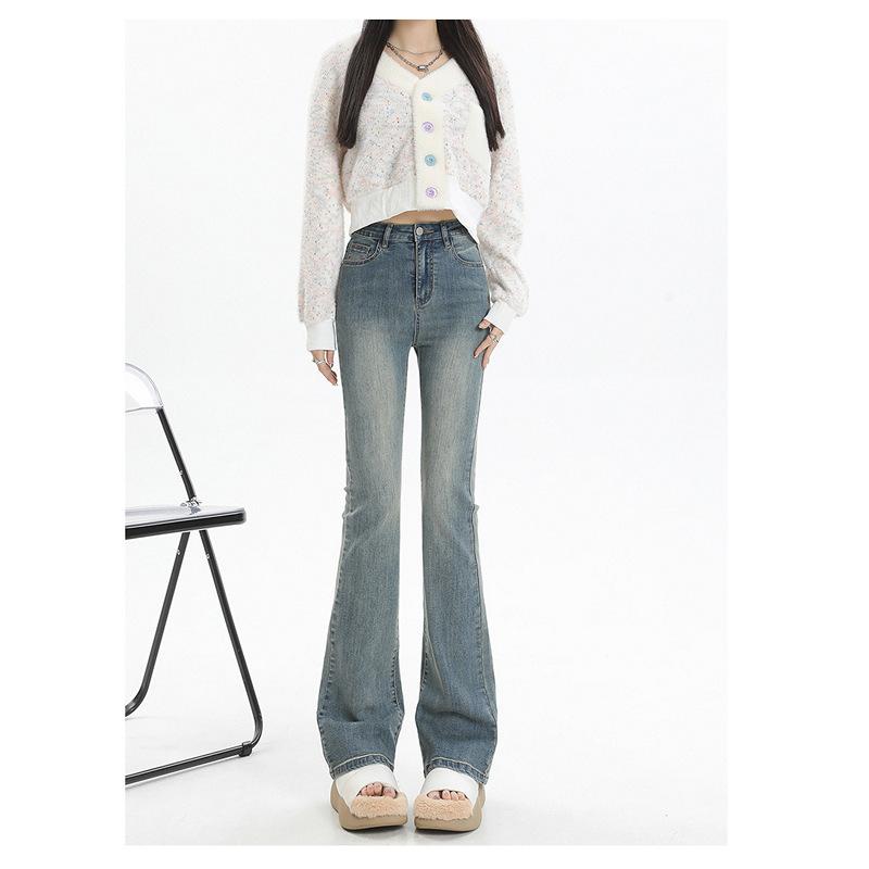 Американские слегка расклешенные джинсы High Street женские весна-осень корейский стиль высокая талия утягивающие стрейч маленькие ретро подковы брюки