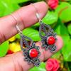 Natural Italian Red Coral Gemstone 925 Sterling Silver Earring 2.09" F8V89