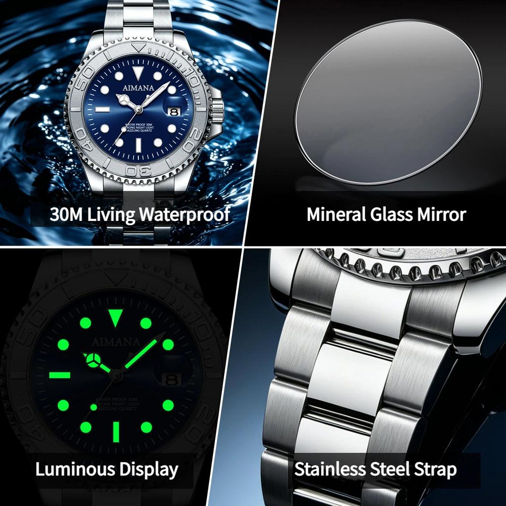 Luxury Men's Sport Quartz Watch Luminous Hands Date Display 30M Waterproof Stainless Steel Wrist Watch