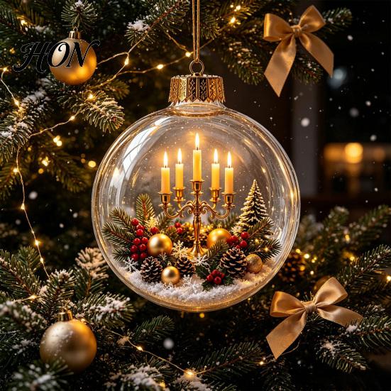Decorative Acrylic Holiday Spheres 3D Christmas Faux Crystal Ball Ornament, Lighted Reindeer Sleigh LED Pendants Snow Scene Hanging Decor for