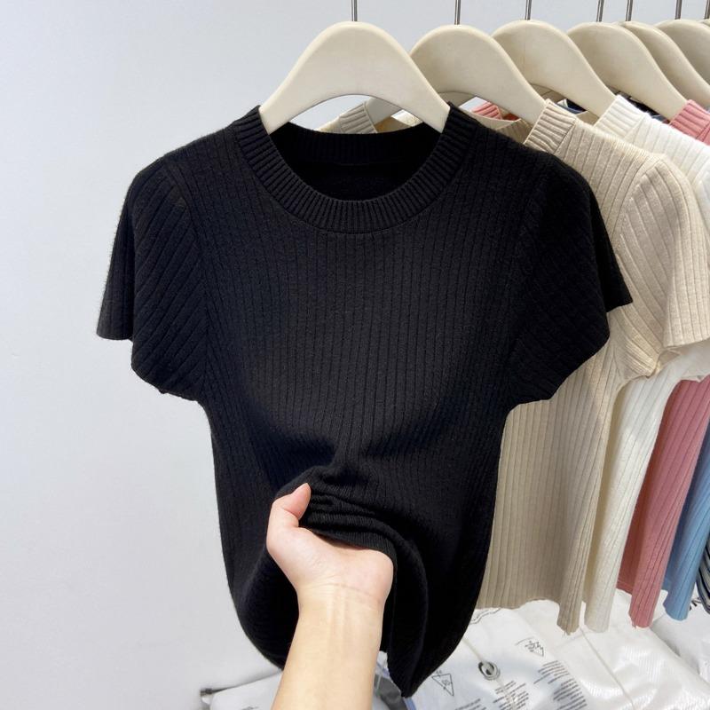 Нежный ветрозащитный трикотажный топ с короткими рукавами, круглым вырезом, женский летний, мягкий, восковой и тонкий, однотонный, с темпераментом, базовый