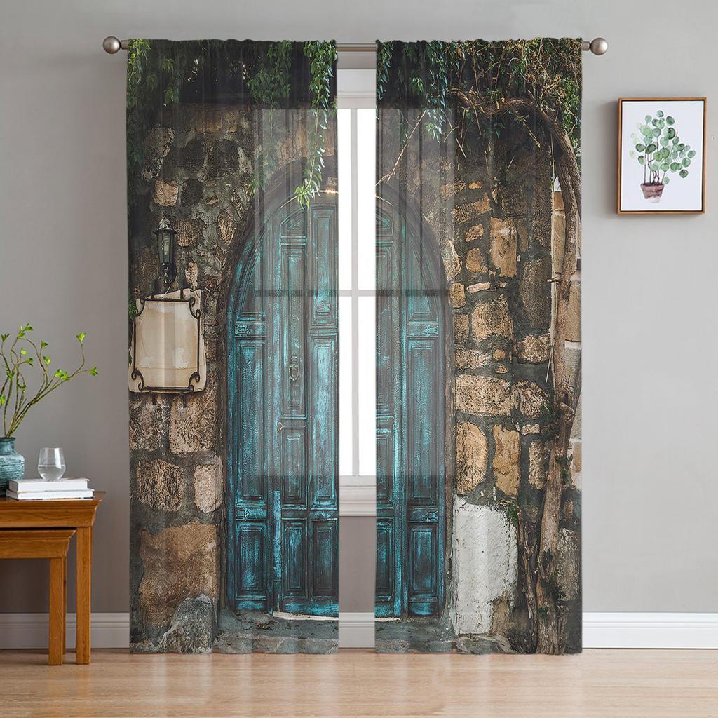 Wooden Door Stone Wall Shabby Retro Tulle Curtains for Living Room Decoration Modern Chiffon Sheer Voile Kitchen Bedroom Curtain