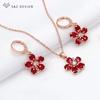 Fashion Cute Red Flowers Cubic Zirconia Drop Earrings Jewelry Sets For Women Party Rose Gold Color Pendant Necklace
