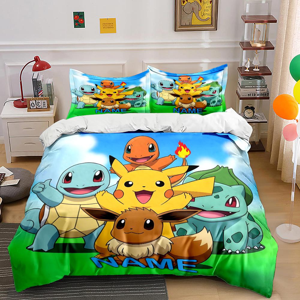 3PC Custom Name Pokemon Cartoon Print Bedding Set Duvet Cover 1 Duvet Cover 2 Pillowcases Adult and Children Bedding Set Luxury