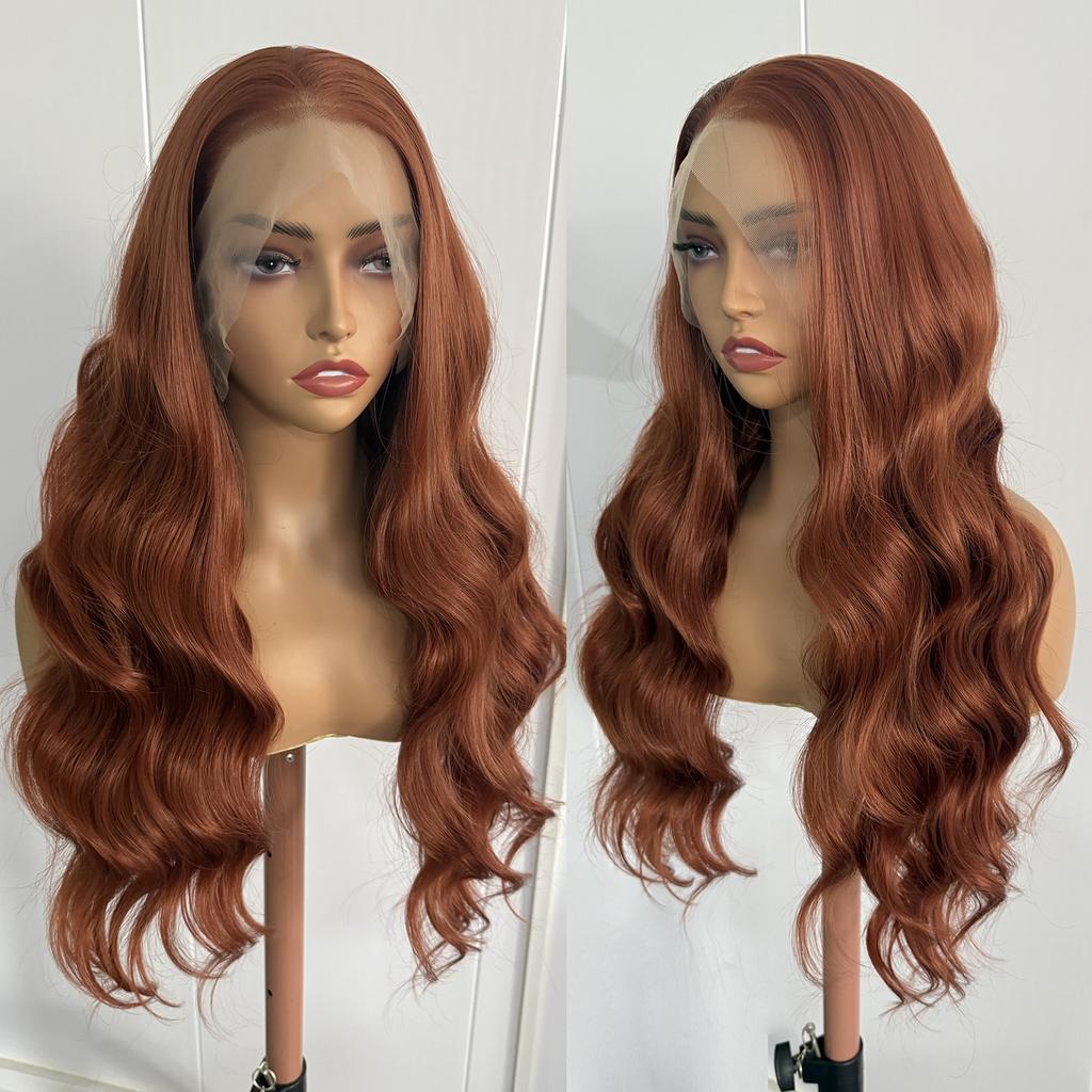 AIMEYA Copper Red Lace Wig Natural Hairline 13x4 Lace Front Wig Heat Resistant Synthetic Hair Long Body Wave Daily Wear Wigs