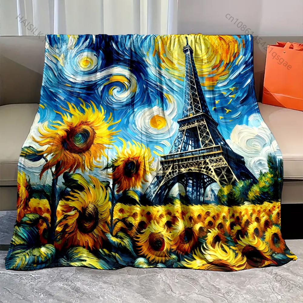 Swirling Sunflowers and Eiffel Tower Pattern Blanket Flannel Material Soft Warm for All Seasons, Home Outdoor Camping Picnics RV