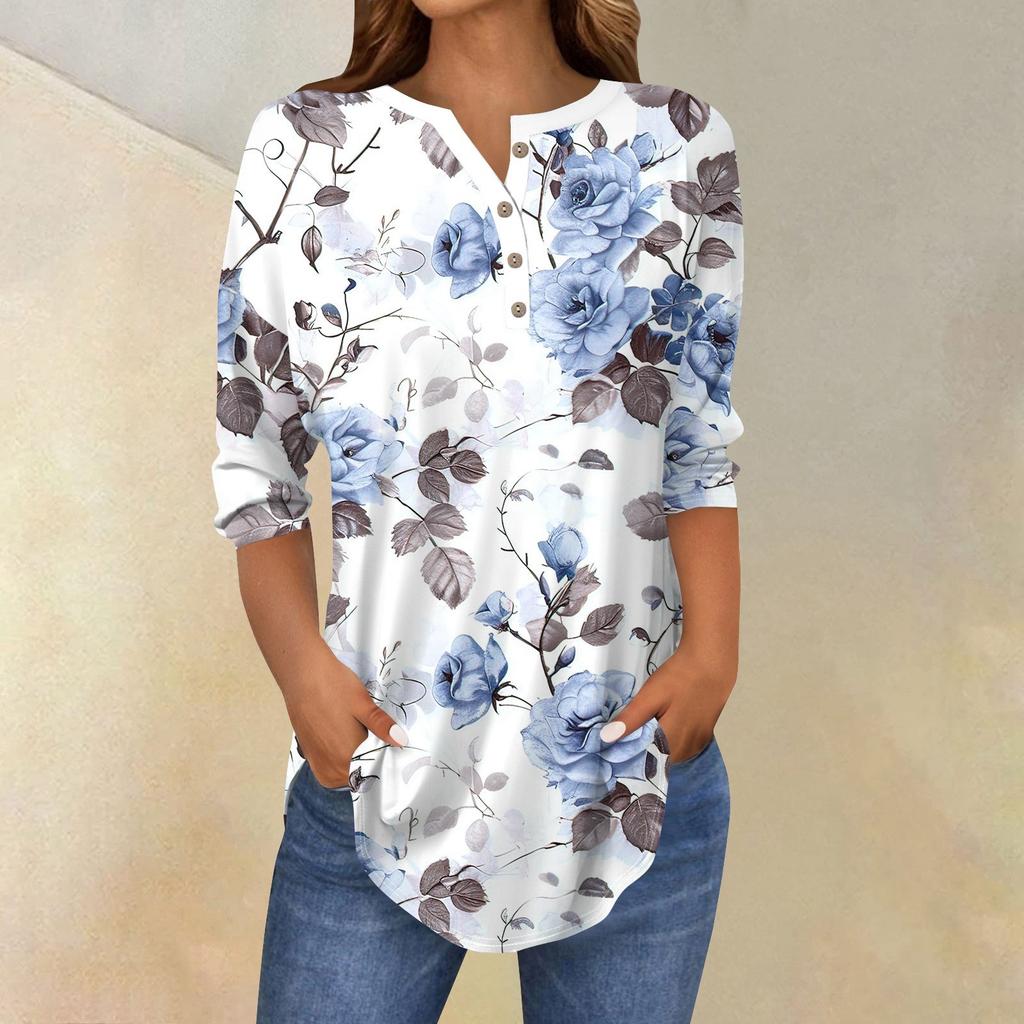 Рубашки с рукавом 3/4 для женщин, модные, повседневные, с круглым вырезом, с принтом, футболка, топ