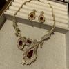 Vintage Fashion High-End Diamond-Encrusted Morning Flower Zircon Necklace Set Light Luxury Ruby Earrings Jewelry
