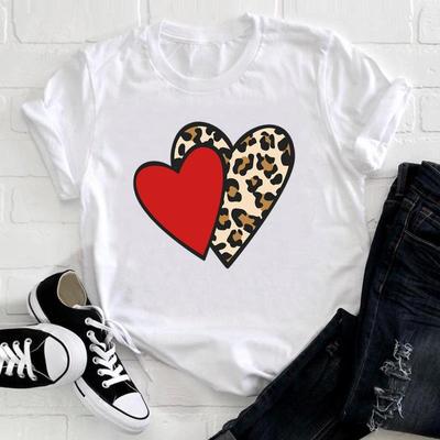 (Азиатский размер) Футболка с леопардовым принтом в стиле Love Heart, трендовая модная футболка, женская футболка с принтом, женская женская одежда, повседневная футболка с коротким рукавом и графикой