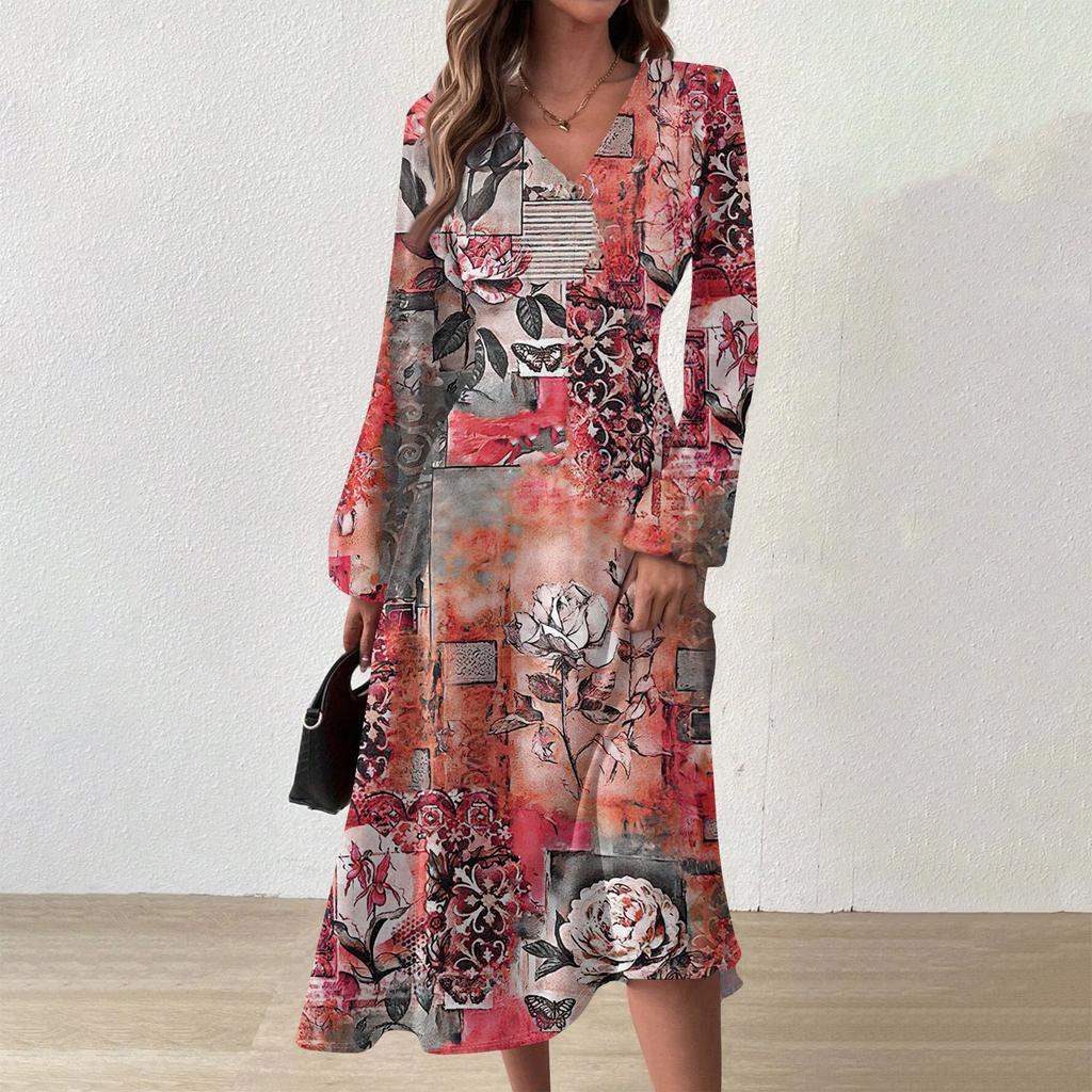 Женское осенне-зимнее повседневное модное длинное платье с v-образным вырезом и длинным рукавом с принтом