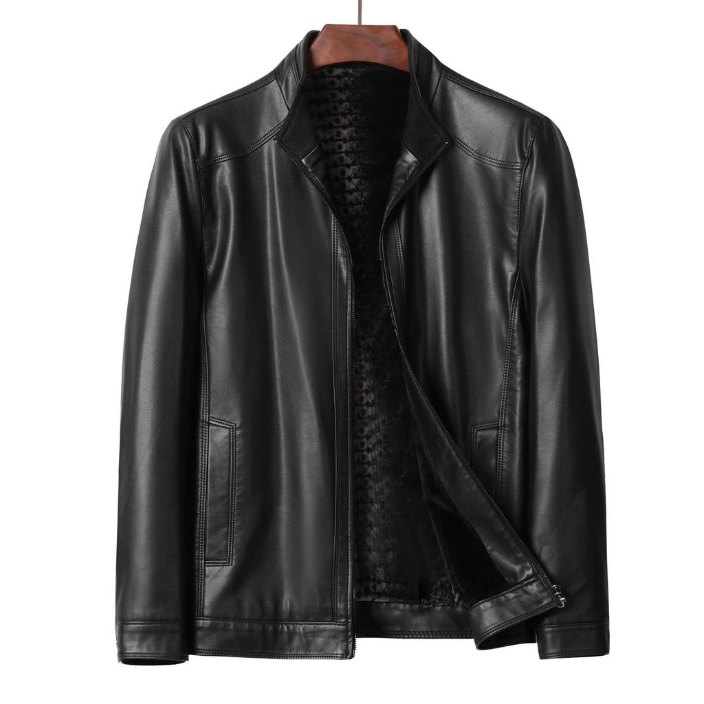 Autumn and Winter New Men's Leather Jacket Business Casual Stand-up Collar Fleece Thickened Leather Jacket Men's Jacket Plus Size