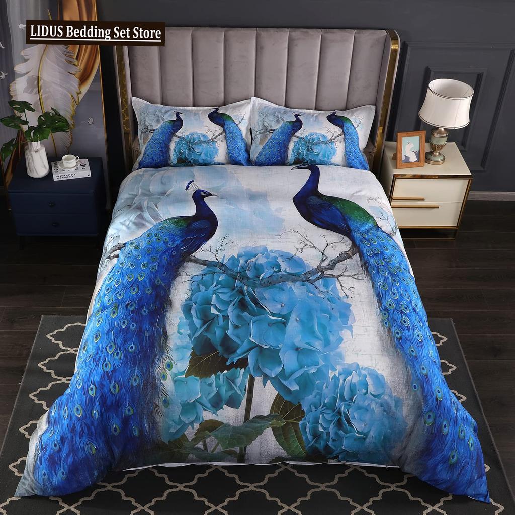 Two Peacock Duvet Cover Set Flowers Comforter Cover With Pillowcase King Queen Twin Size For Kids Boys Girls Women Bedding Set