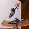 59015 High Heels Women's Thick Heel Summer 2025 New Bag Head Mesh Cool Slippers Pointed Rhinestone Single Shoes