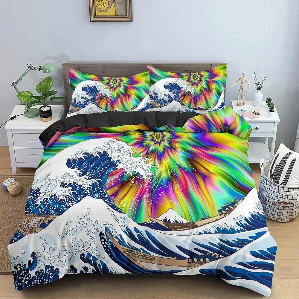 Комплект постельного белья Big Wave с японским рисунком, комплект постельного белья с 3D-абстракцией, односпальный, двуспальный, двуспальный, двуспальный, односпальный, двухспальный ...