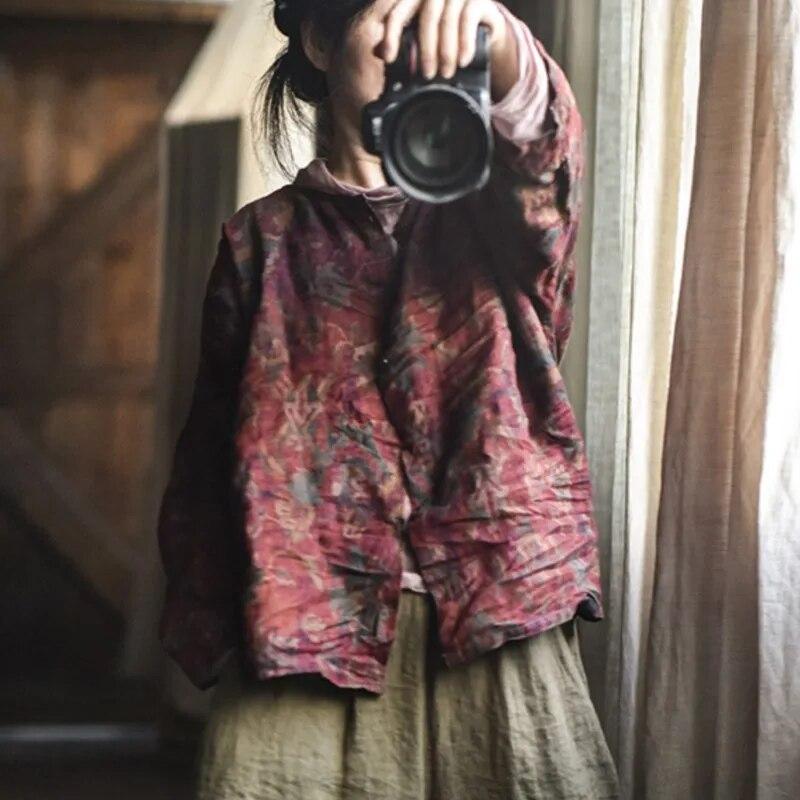 Johnature Женские льняные рубашки с цветочным принтом, топы на пуговицах, блузки высокого качества, свободные винтажные женские рубашки