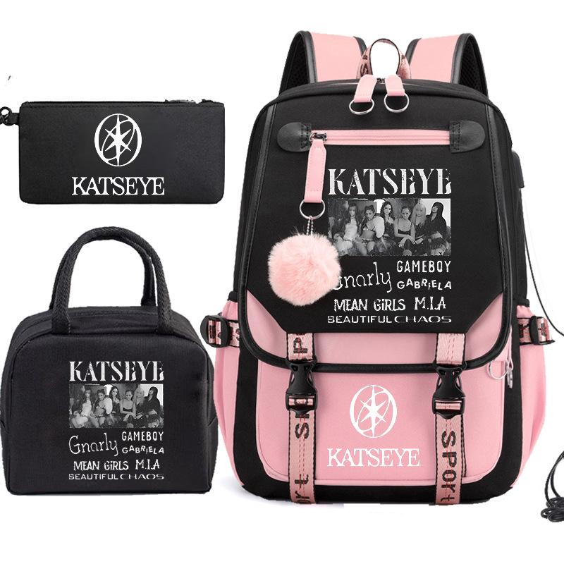 KATSEYE K-pop Print 3-Piece Backpack Set Student Bookbag Large Capacity Water-Resistant Unisex 60701-1