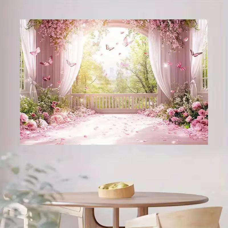 2D Pink Floral Balcony Backdrop, 2D Flat Romantic Garden Banner with Butterflies & Roses for Party Decoration