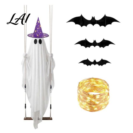 Ghostly Hanging Lights for Patio Halloween Swing Ghost Ornament with LED String Outdoor Decor Adjustable Spooky Displays Light-Up Bat Decor