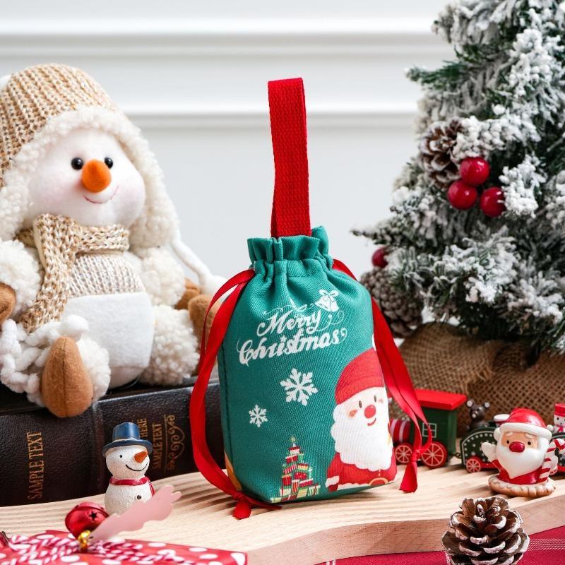 Christmas Canvas Storage Bag Drawstring Gift Bag Holiday Decorative Packaging Green White Plaid Floral
