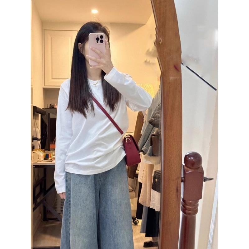 Белая базовая футболка женская из чистого хлопка, весенний простой повседневный топ с длинным рукавом для ношения под одеждой, теплая футболка из немецкого бархата с наплечниками