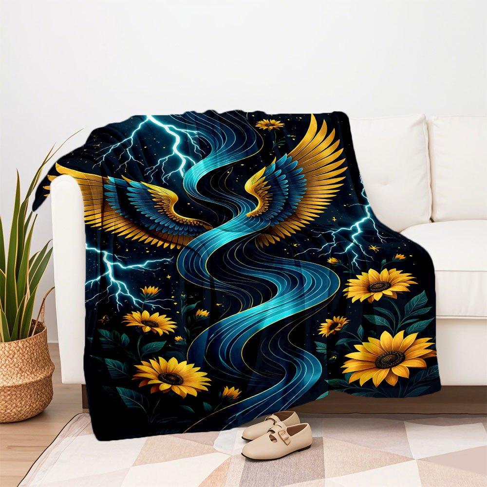 "Golden Phoenix with Sunflowers Wall Art Print"Blanket Flannel Throw Blanket for Sofa, Bed, Travel, Camping, Office, Couch, Chair, And Bed G