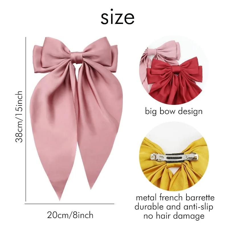 Women Solid Color Long Big Bow Long Float Satin Spring Clip Back Head Hair Clip Internet Red with The Same Temperament Elegant