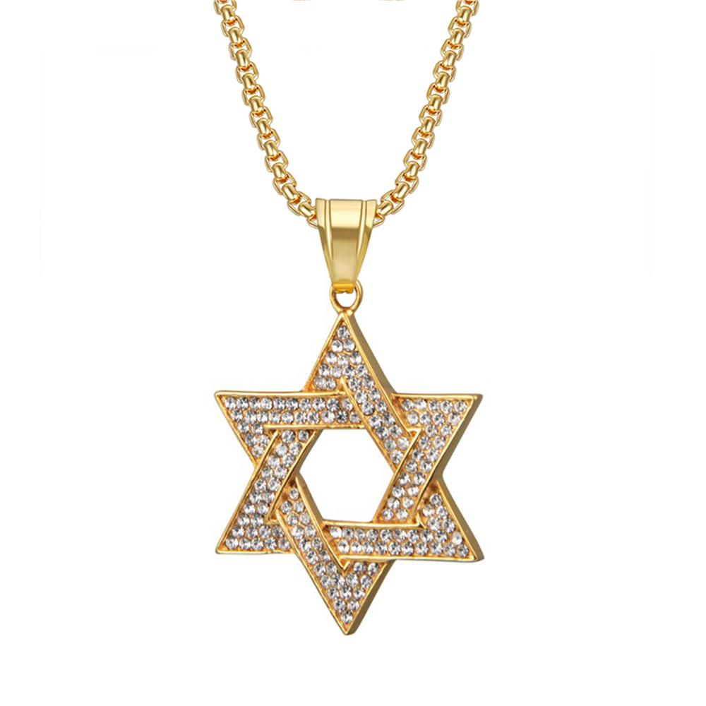 Hip Hop Iced Out Bling Star of David Pendants Gold Color Stainless Steel Hexagram Necklace for Women Men Jewish Jewelry Gift
