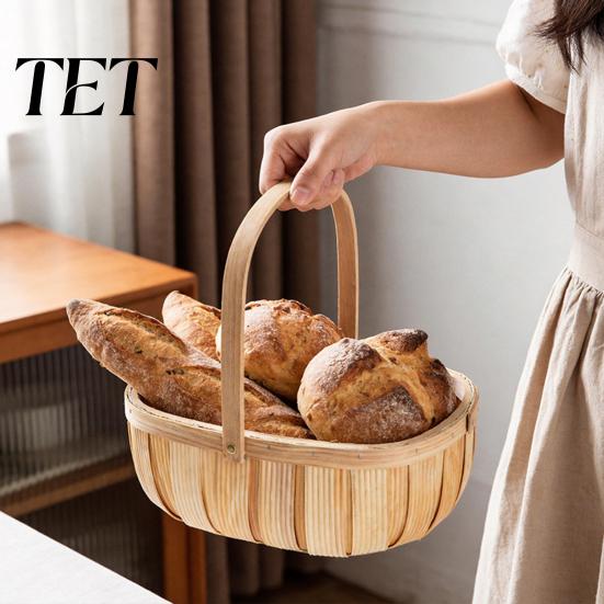 Woven Wood Gift Basket Handmade Storage Basket, Oval Organizer with Reinforced Handle, Desktop Sundries Container Large Capacity Bin for Kitchen