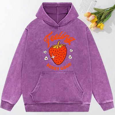 Худи женское с принтом клубники, выстиранное, мультяшное, свободного кроя, из хлопка, многоцветное