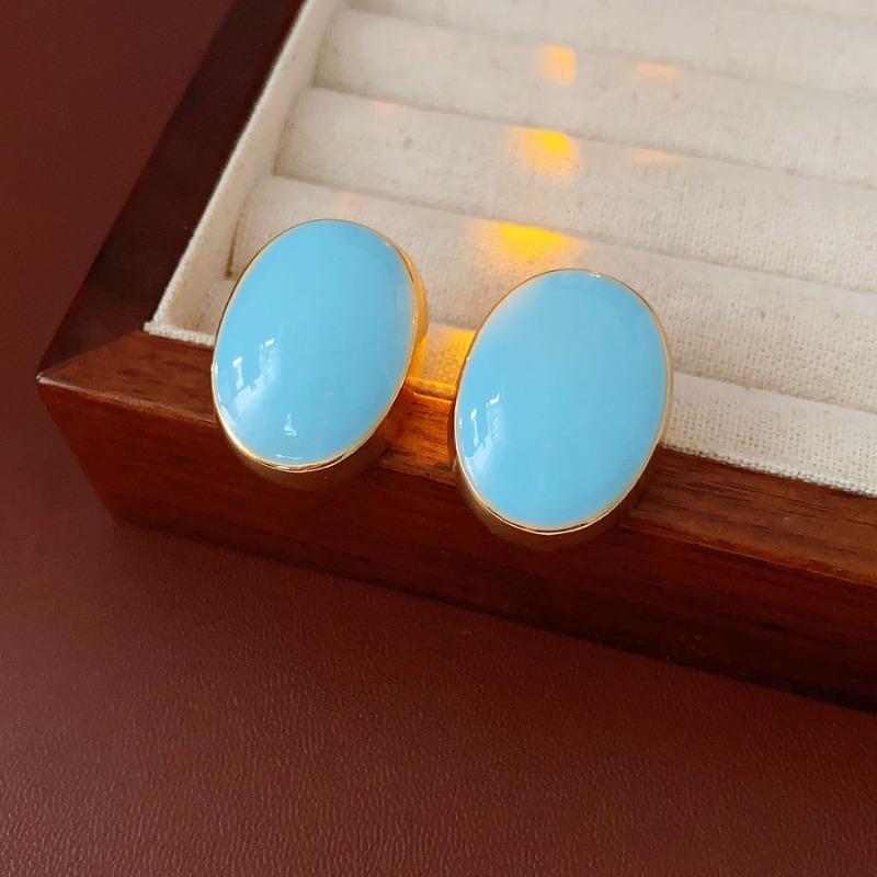 Pink Blue Oil-dropping Round Oval Stud Earrings Unique Design Bean Beads Ear Studs Earrings Temperament Girl Ear Accessories